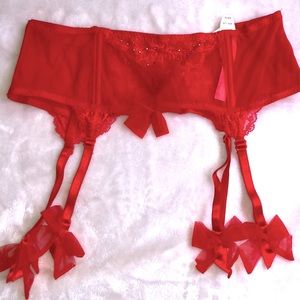 NWT Victoria’s Secret Red Lace Garter Belt/Skirt - Rhinestones & Bows - Size M/L
